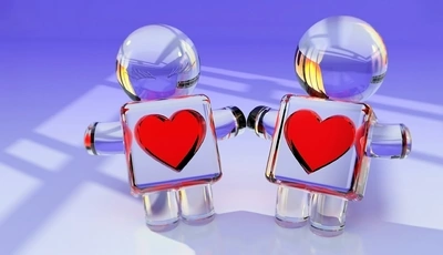 Image: 3D, little men, glass, hearts, couple, shadow