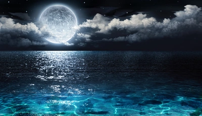 Image: Night, moon, sea, stars, clouds, 3D