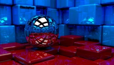 Image: Ball, sphere, cubes, reflection, room, red, blue