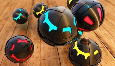 Image: Colored balls, reflection, flight, floor, boards