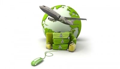 Image: Airplane, flight, bags, suitcases, travel, planet, computer mouse, white background