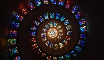 Image: Stained glass, colorful, dark background, curl, spiral