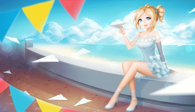 Image: Девушка, блондинка, голубоглазая, сидит, самолётики, флажки, облака