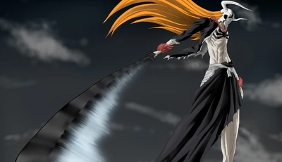 Image: Bleach, sword, wave, hair, sky, mask, horns, skull, Ichigo Kurosaki, empty
