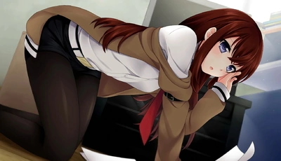 Image: Girl, Kurisu Makise, pose, anime, red hair, paper
