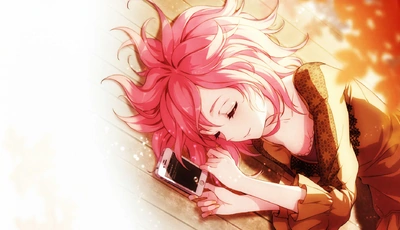 Image: Girl, lies, hair, phone, asleep