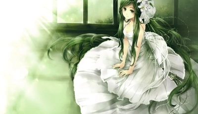 Картинка: Девушка, зелёные волосы, цветы, платье