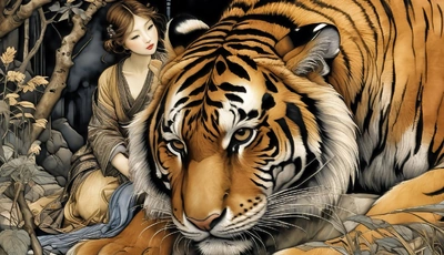 Image: girl, asian, tiger, predator, friendship, fantasy, photoshop