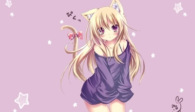 Картинка: Аниме-девушка, блондинка, волосы, кошка, ушки, глаза, хвостик, бантик, звездочки