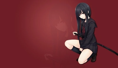 Картинка: Аниме, Akame ga Kill!, девушка, Убийца Акамэ!, Акамэ, сидит, школьная форма, волосы, катана, взгляд