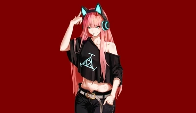 Image: Girl, Zero Two, anime, Darling in the Franxx, headphones, ears, horns, hair, look, red background