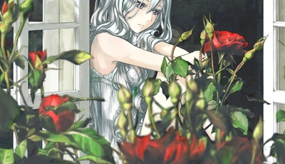Image: Девушка, беловолосая, розы, окно, сидит, грусть