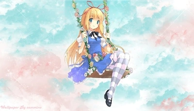 Image: Девушка, блондинка, бантик, качель, небо, цветы