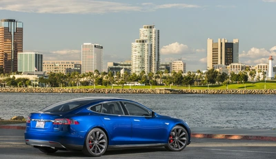 Image: Тесла, авто, колёса, синий, набережная, вода, здания, высотки, небоскрёбы, небо, облака
