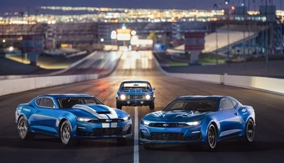 Image: Chevrolet Camaro, blue, road, city, highway