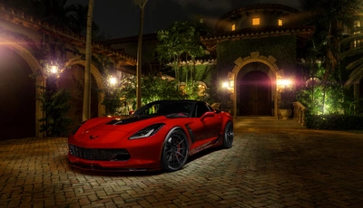 Картинка: Chevrolet, Corvette, Шевроле, Корвет, красный, ночь, фонари, огни, здание