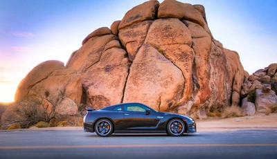 Image: Nissan, GTR, road, rock, stand, black