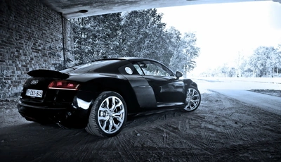 Картинка: Audi, R8, V10, суперкар, чёрный, грунт, дорога, стена, кирпич, деревья