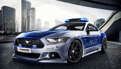 Картинка: Полицейская, тюнинг, Форд, город, высотки, Мустанг, Ford, Mustang, V8, GT, Немецкий, Polizei