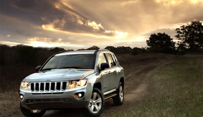 Image: Jeep, lights, sky, road, field, trees, sunset