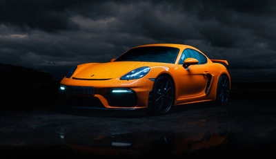 Картинка: Porsche Cayman, gt4, оранжевый, погода, тучи, капли, лужа, отражение