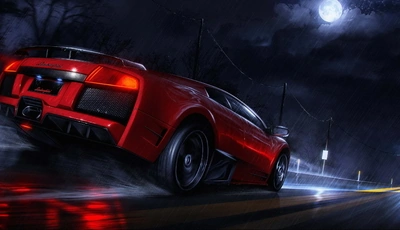Картинка: Суперкар, красный, Lamborghini, дорога, луна, ночь, дождь, скорость, брызги