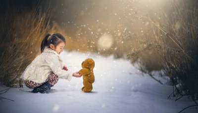 Image: Girl, toy, bear, snow, winter, grass