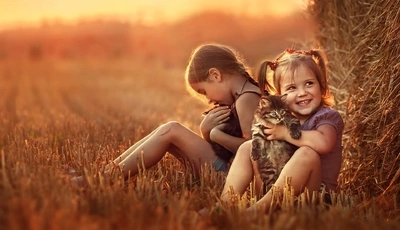 Картинка: Девочки, две, сидят, поле, сено, стог, кошки, закат, доброта, улыбка, настроение
