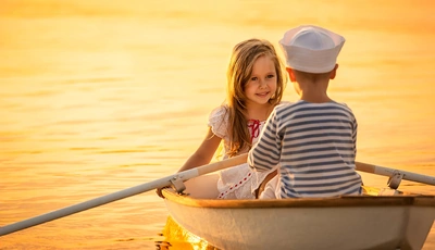 Image: Двое, лодка, вёсла, вода, мальчик, девочка, лицо, волосы, плывут, сидят, тельняшка, платье