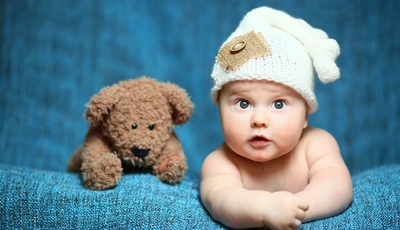 Image: Ребёнок, младенец, мишка, игрушка, взгляд, шапка, ткань