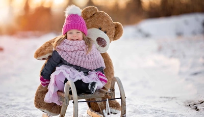 Image: Girl, smile, big bear, toy, sleigh, winter