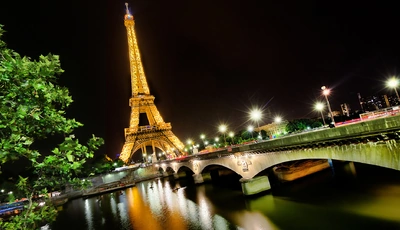 Image: France, Paris, Eiffel tower, bridge, lights, river, night