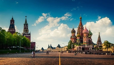 Image: Moscow, temple, Cathedral, Red square, Spasskaya tower, Kremlin, chimes, people, sky, clouds