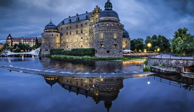 Картинка: Швеция, замок Эребру, река, вечер, огни
