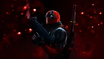 Image: Deadpool, Дэдпул, Уэйд Уилсон, Marvel, comix, оружие, красный, маска, антигерой, наёмник, мечи, взгляд, арт