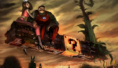 Image: Mario, Princess, mustache, bricks, hanging, plant, sky, art, play, sign, question