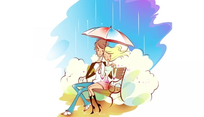 Картинка: Пара, дождик, сидят, ветер, зонтик, скамейка, парк