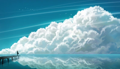 Image: Причал, море, небо, облака, девочка, отражение, чайки