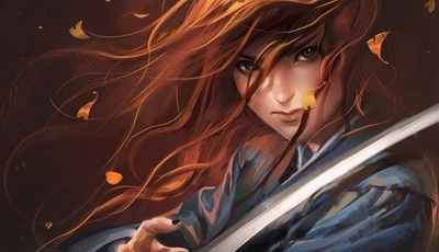 Image: Girl, hair, leaves, wind, sword, katana, look, red hair, art