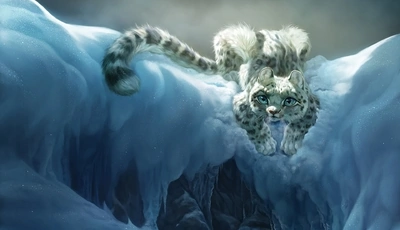 Картинка: Кошка, Снежный барс, арт, смотрит, зима, снег, утес