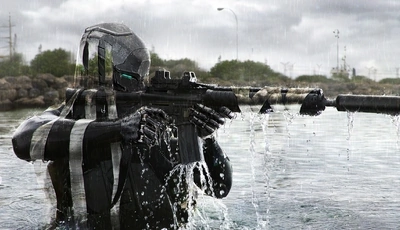 Image: Soldier, robot, aiming, water, river, cyborg, gun, automatic, a silencer, camo, camouflage, invisibility