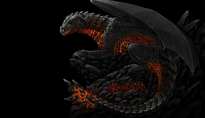 Картинка: Дракон, огнедышащий, черный, крылья, хвост, светится