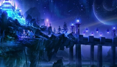 Image: Castle, building, rocks, bridge, lanterns, lights, night, stars