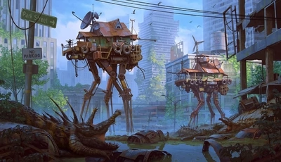Image: House, walking, mechanism, monster, crocodiles, buildings, houses, city, abandoned, water