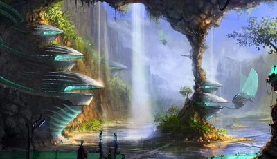 Картинка: Фантастика, арт, крылатая техника, корабли, зелень, озеро, вода, водопад, строения, колонна, люди