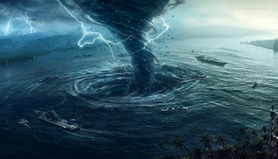 Картинка: Шторм, торнадо, воронка, молнии, корабли, пальмы, вода, море, гроза