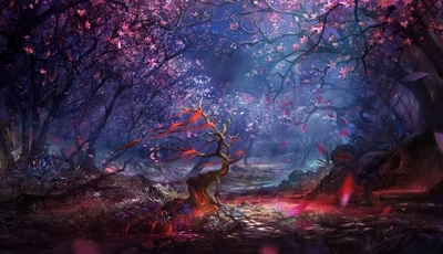 Картинка: Сакура, лес, деревья, ночной свет, листья, пень, ветки, вода