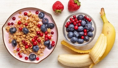 Image: Завтрак, йогурт, мюсли, ягоды, фрукты, банан, черника, виктория, десерт