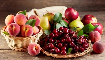 Image: Персики, груши, черешня, урожай, фрукты, ягоды, листья, корзинки