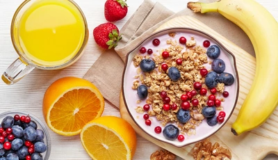 Image: Мюсли, злаки, завтрак, банан, цитрус, апельсин, сок, витамины, орехи, ягоды, черника, доска